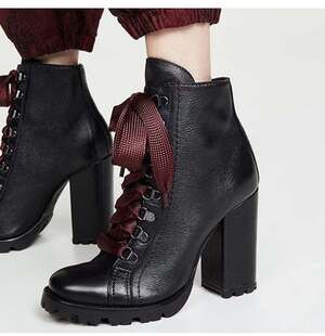 Schutz Zhara Black Leather Lug Sole Lace-Up Block Heel Booties